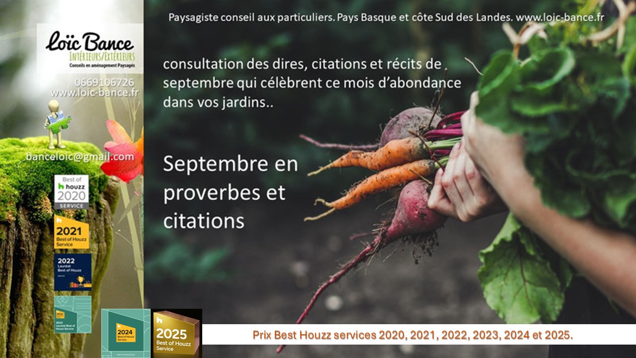 Proverbes; Citations; Dires des anciens; Travaux; Jardins; Septembre; Aménagements paysagers; Concepteur de jardins; Pays basque; Paysagiste; Paysagiste Pays Basque; Paysagiste conseils; Ahetze; Paysagiste Ahetze; Anglet; Paysagiste Anglet; Arbonne; Paysagiste Arbonne; Arcangues; Paysagiste Arcangues; Bayonne; Paysagiste Bayonne; Biarritz; Paysagiste Biarritz; Capbreton; Paysagiste Capbreton; Guéthary; Paysagiste Guéthary; Hossegor; Paysagiste Hossegor; Saint Jean de Luz; Paysagiste Saint Jean de Luz; Seignosse; Paysagiste Seignosse; 